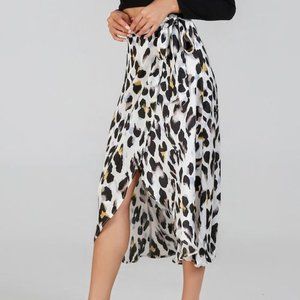 Oeuvre Leopard Satin Animal Print Silk Wrap Tie Midi High Low.Skirt NWOT Size S